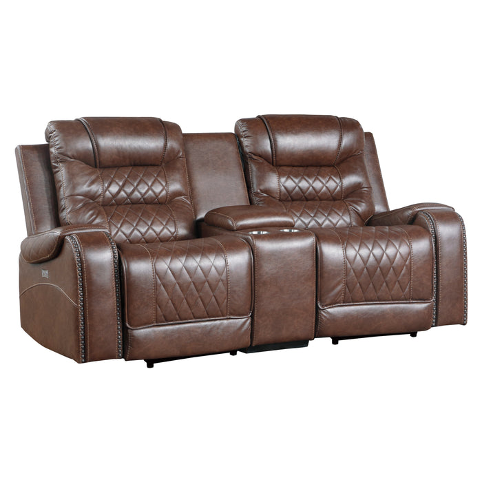 Putnam Power Double Reclining Loveseat with Center Console, Receptacles and USB Ports in Brown - 9405BR-2PW - FAMSA Furniture (TX)