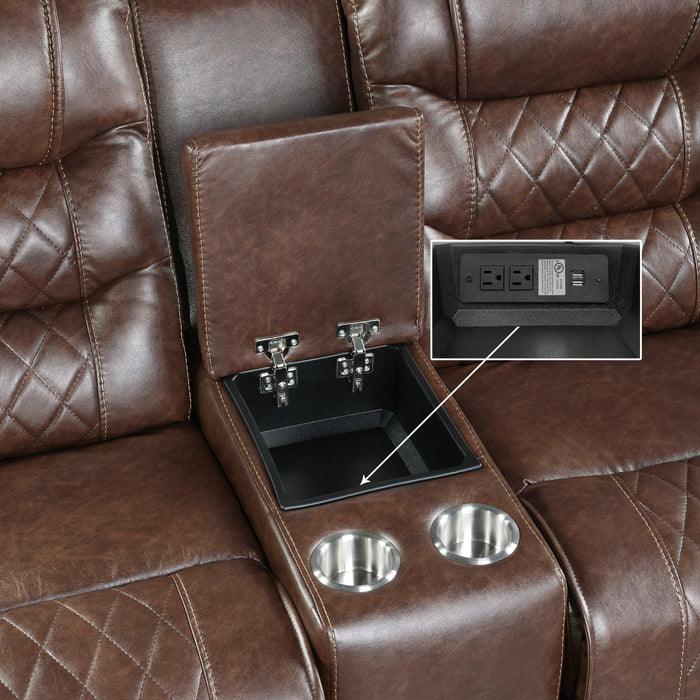 Putnam Double Glider Reclining Loveseat with Center Console, Receptacles and USB Port in Brown - 9405BR-2 - FAMSA Furniture (TX)
