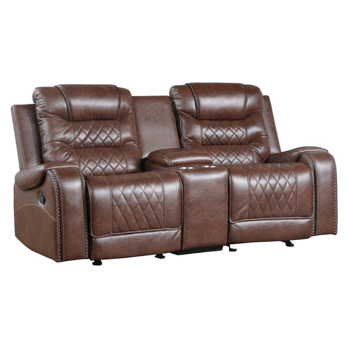 Putnam Double Glider Reclining Loveseat with Center Console, Receptacles and USB Port in Brown - 9405BR-2 - FAMSA Furniture (TX)