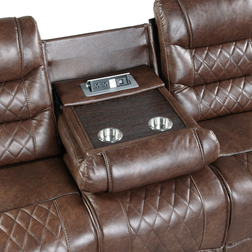Putnam Double Reclining Sofa with Center Drop-Down Cup Holders, Receptacles and USB Ports in Brown - 9405BR-3 - FAMSA Furniture (TX)