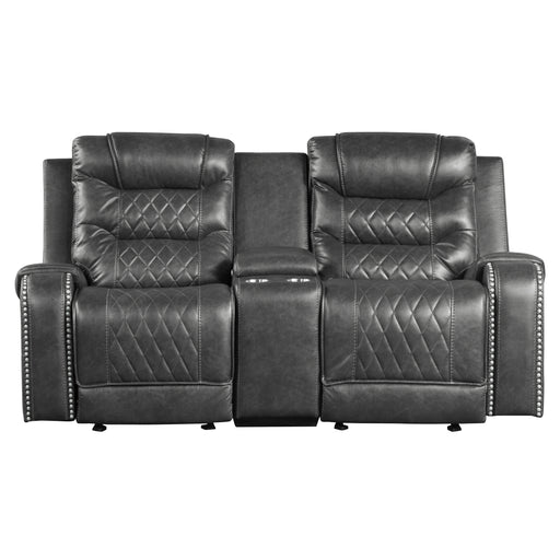 Putnam Double Glider Reclining Loveseat with Center Console, Receptacles and USB Port in Gray - 9405GY-2 - FAMSA Furniture (TX)