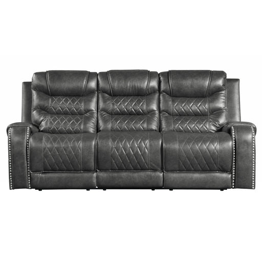 Putnam Double Reclining Sofa with Center Drop-Down Cup Holders, Receptacles and USB Ports in Gray - 9405GY-3 - FAMSA Furniture (TX)