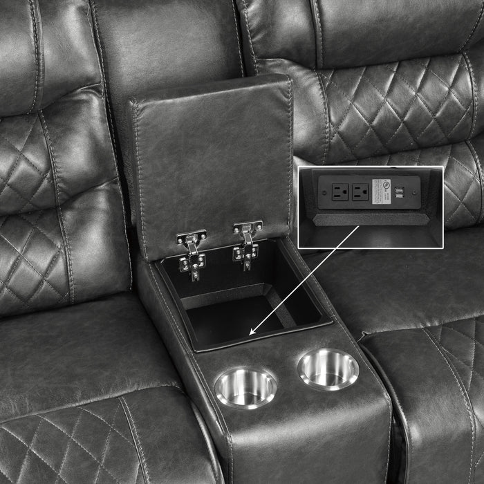 Putnam Power Double Reclining Loveseat with Center Console, Receptacles and USB Ports in Gray - 9405GY-2PW - FAMSA Furniture (TX)