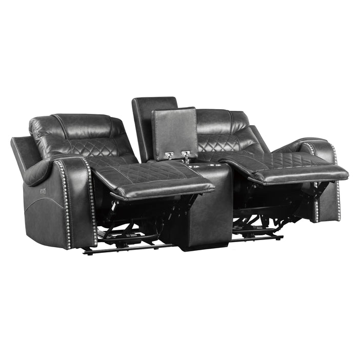 Putnam Power Double Reclining Loveseat with Center Console, Receptacles and USB Ports in Gray - 9405GY-2PW - FAMSA Furniture (TX)