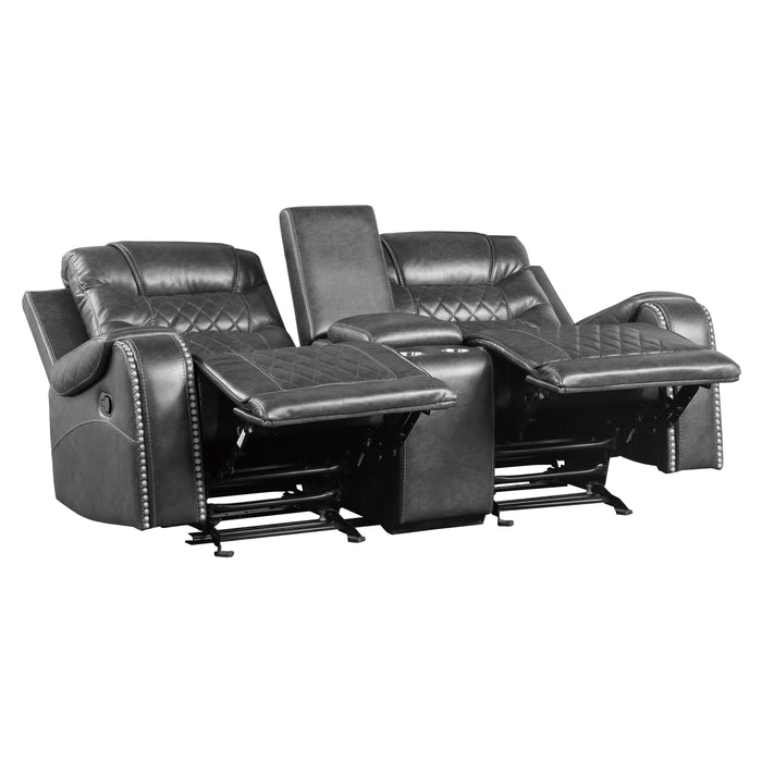 Putnam Double Glider Reclining Loveseat with Center Console, Receptacles and USB Port in Gray - 9405GY-2 - FAMSA Furniture (TX)