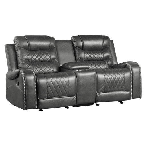 Putnam Double Glider Reclining Loveseat with Center Console, Receptacles and USB Port in Gray - 9405GY-2 - FAMSA Furniture (TX)