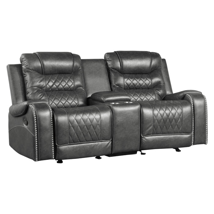 Putnam Double Glider Reclining Loveseat with Center Console, Receptacles and USB Port in Gray - 9405GY-2 - FAMSA Furniture (TX)