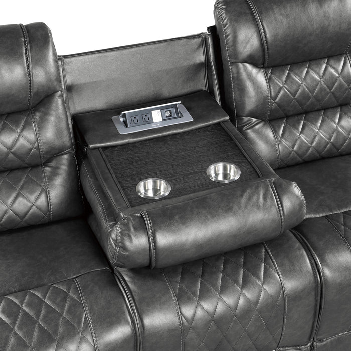 Putnam Power Double Reclining Sofa with Center Drop-Down Cup Holders, Receptacles and USB Ports in Gray - 9405GY-3PW - FAMSA Furniture (TX)