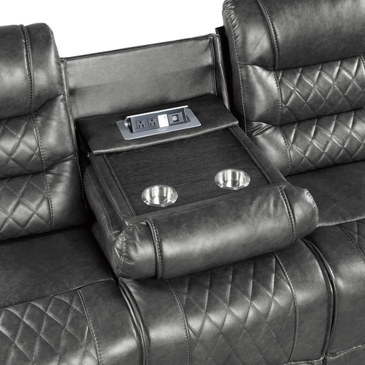 Putnam Double Reclining Sofa with Center Drop-Down Cup Holders, Receptacles and USB Ports in Gray - 9405GY-3 - FAMSA Furniture (TX)