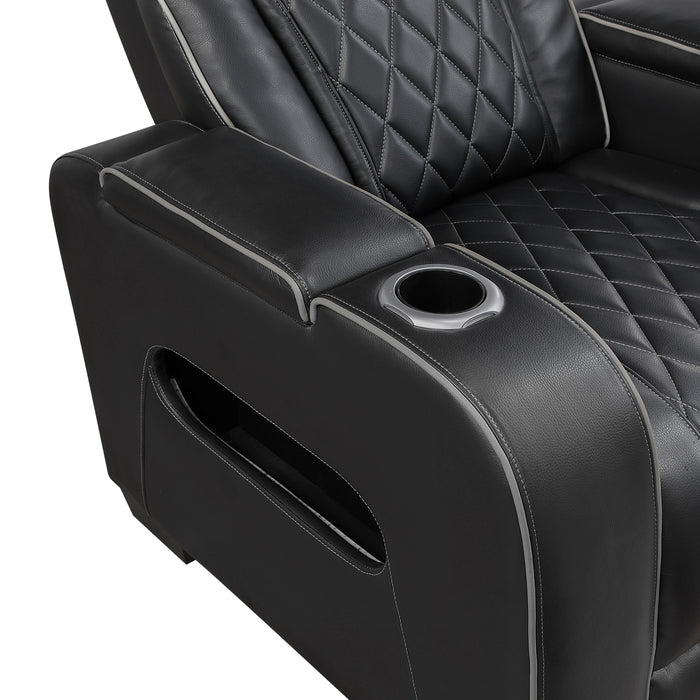 9516BLK-3PWH Power Double Reclining Sofa with Center Drop-Down Cup Holders, Power Headrests, Storage Arms(Top and Side), Cup holders and Reading Lights, Two Wireless Chargers, Charging Ports and LED Lighting image