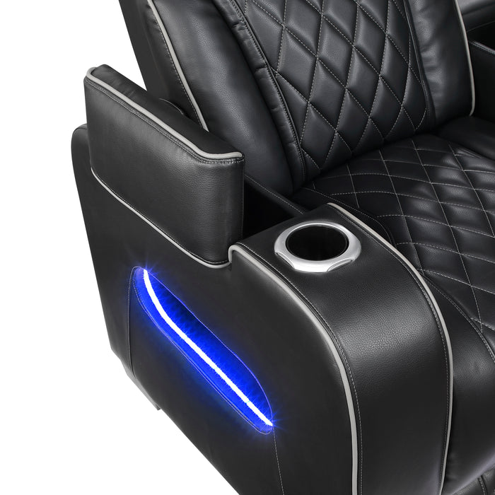 9516BLK-2PWH Power Double Reclining Love Seat with Center Console, Power Headrests, Storage Arms(Top and Side), Cup holders, Charging Ports and LED lighting image