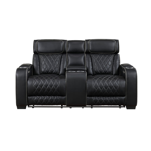 9516BLK-2PWH Power Double Reclining Love Seat with Center Console, Power Headrests, Storage Arms(Top and Side), Cup holders, Charging Ports and LED lighting image