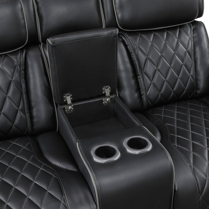 9516BLK-2PWH Power Double Reclining Love Seat with Center Console, Power Headrests, Storage Arms(Top and Side), Cup holders, Charging Ports and LED lighting image