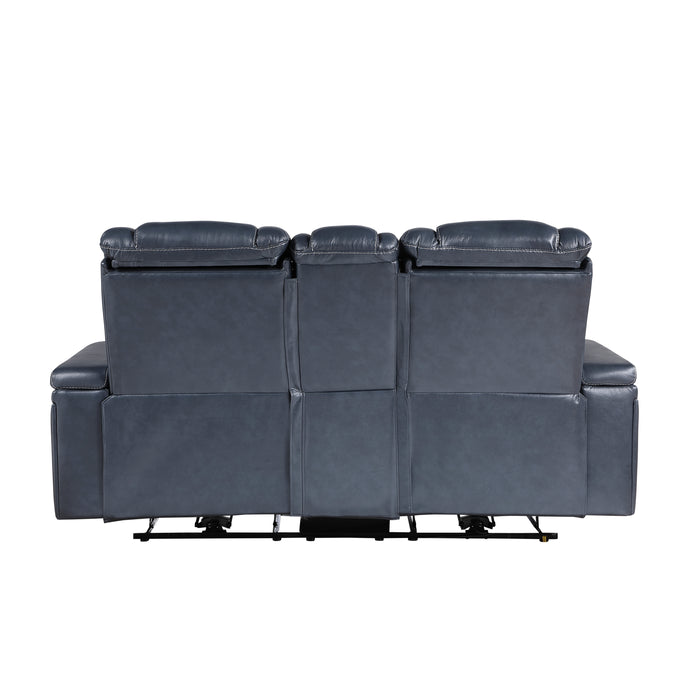 Keziah Power Double Reclining Loveseat with Center Console, Power Headrests and Storage Arms in Blue - 9640BU-2PWH - FAMSA Furniture (TX)