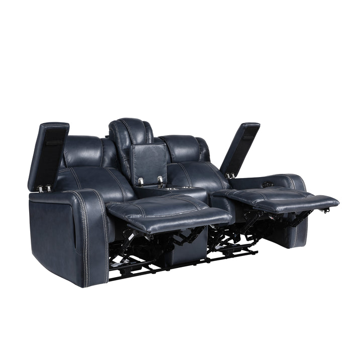 Keziah Power Double Reclining Loveseat with Center Console, Power Headrests and Storage Arms in Blue - 9640BU-2PWH - FAMSA Furniture (TX)