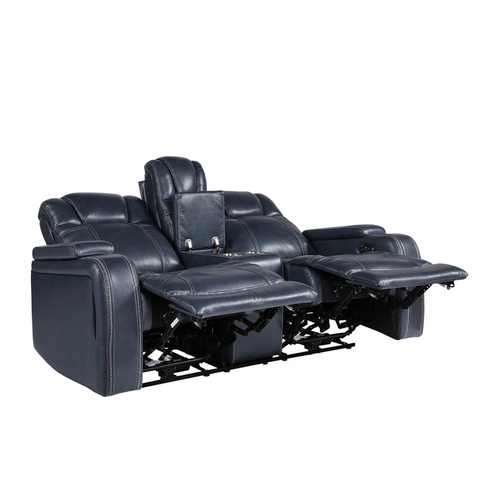 Keziah Power Double Reclining Loveseat with Center Console, Power Headrests and Storage Arms in Blue - 9640BU-2PWH - FAMSA Furniture (TX)