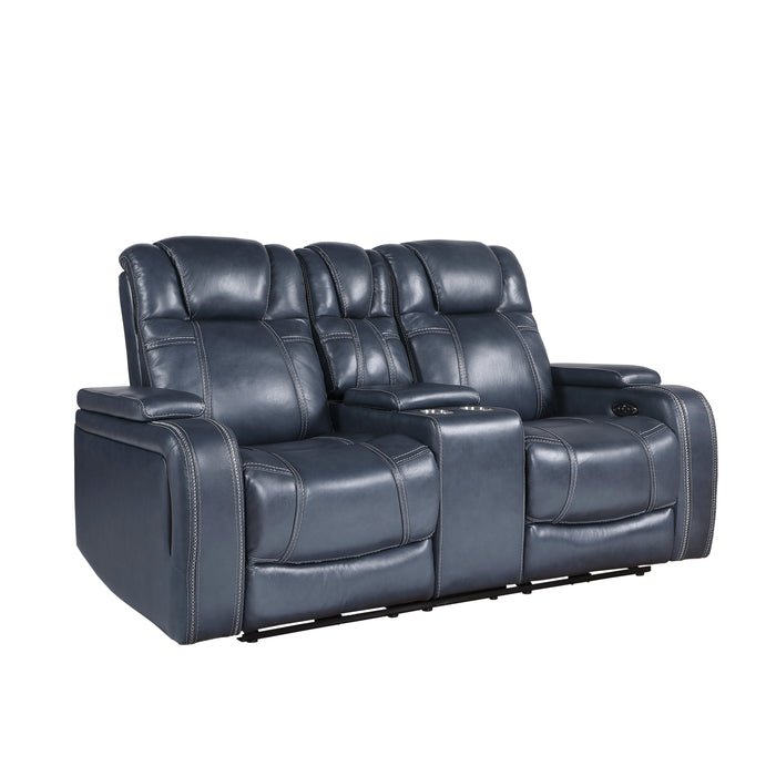 Keziah Power Double Reclining Loveseat with Center Console, Power Headrests and Storage Arms in Blue - 9640BU-2PWH - FAMSA Furniture (TX)
