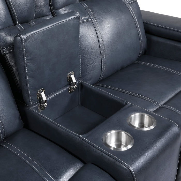 Keziah Power Double Reclining Loveseat with Center Console, Power Headrests and Storage Arms in Blue - 9640BU-2PWH - FAMSA Furniture (TX)