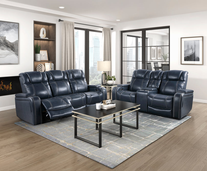 Keziah Power Double Reclining Sofa with Power Headrests and Storage Arms in Blue - 9640BU-3PWH - FAMSA Furniture (TX)