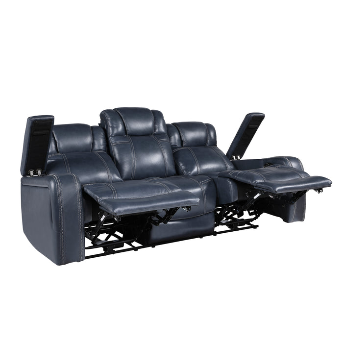 Keziah Power Double Reclining Sofa with Power Headrests and Storage Arms in Blue - 9640BU-3PWH - FAMSA Furniture (TX)