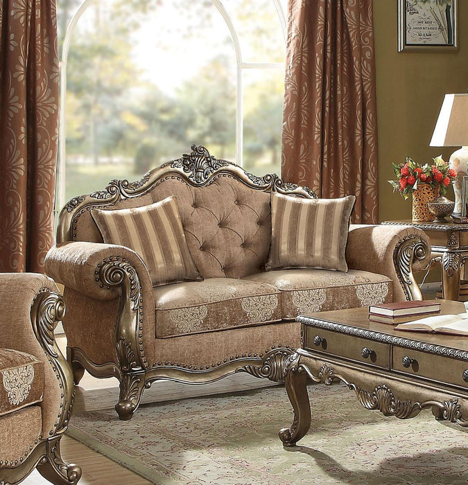 Acme Ragenardus Loveseat with 2 Pillows in Fabric & Vintage Oak 56031 - FAMSA Furniture (TX)