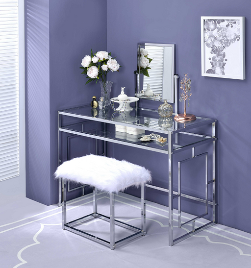 Carenze II White Faux Fur & Chrome Vanity Set - FAMSA Furniture (TX)