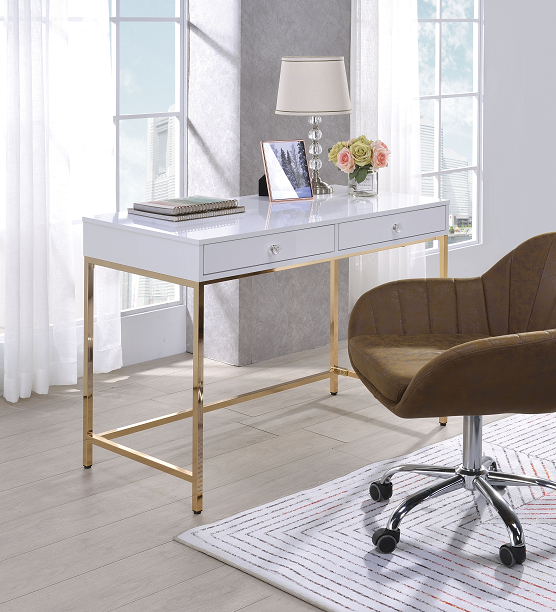 Ottey White High Gloss & Gold Desk - FAMSA Furniture (TX)