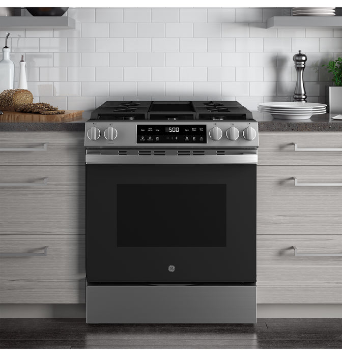 GE® 30" Slide-In Front-Control Gas Range with Crisp Mode GGS500PVSS