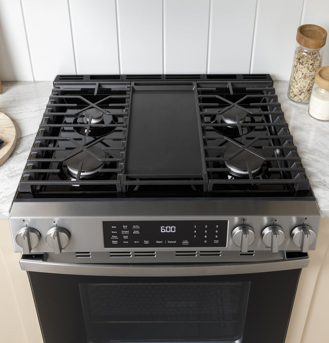 GE® 30" Slide-In Front-Control Convection Gas Range with No Preheat Air Fry and EasyWash™ Oven Tray GGS600AVDS