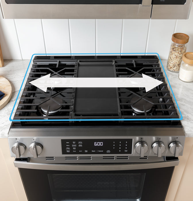 GE® 30" Slide-In Front-Control Convection Gas Range with No Preheat Air Fry and EasyWash™ Oven Tray GGS600AVES - FAMSA Furniture (TX)