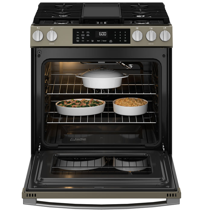 GE® 30" Slide-In Front-Control Convection Gas Range with No Preheat Air Fry and EasyWash™ Oven Tray GGS600AVES - FAMSA Furniture (TX)