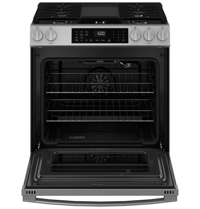 GE® 30" Slide-In Front-Control Convection Gas Range with No Preheat Air Fry and EasyWash™ Oven Tray GGS600AVFS - FAMSA Furniture (TX)