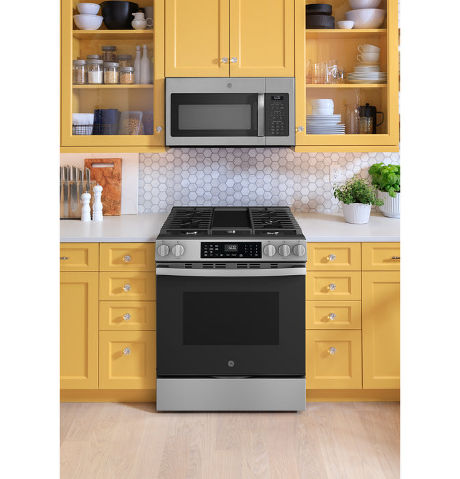 GE® 30" Slide-In Front-Control Convection Gas Range with No Preheat Air Fry and EasyWash™ Oven Tray GGS600AVFS - FAMSA Furniture (TX)
