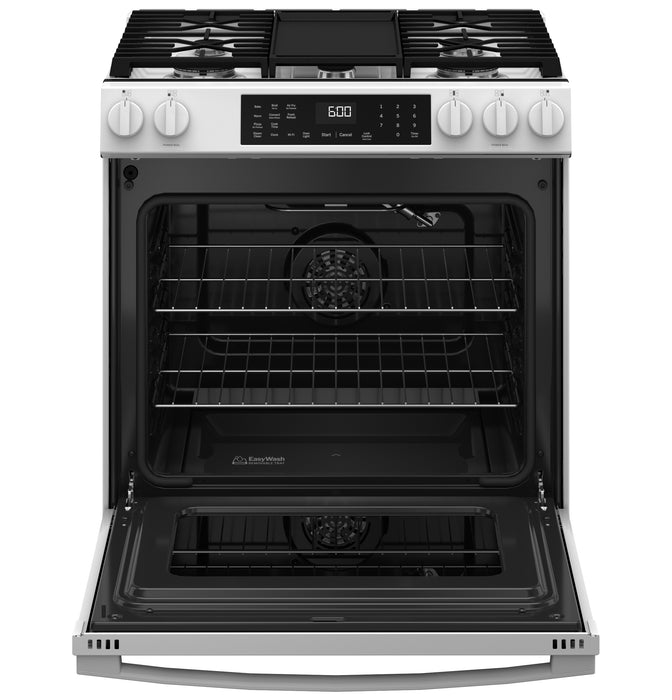 GE® 30" Slide-In Front-Control Convection Gas Range with No Preheat Air Fry and EasyWash™ Oven Tray GGS600AVWW - FAMSA Furniture (TX)