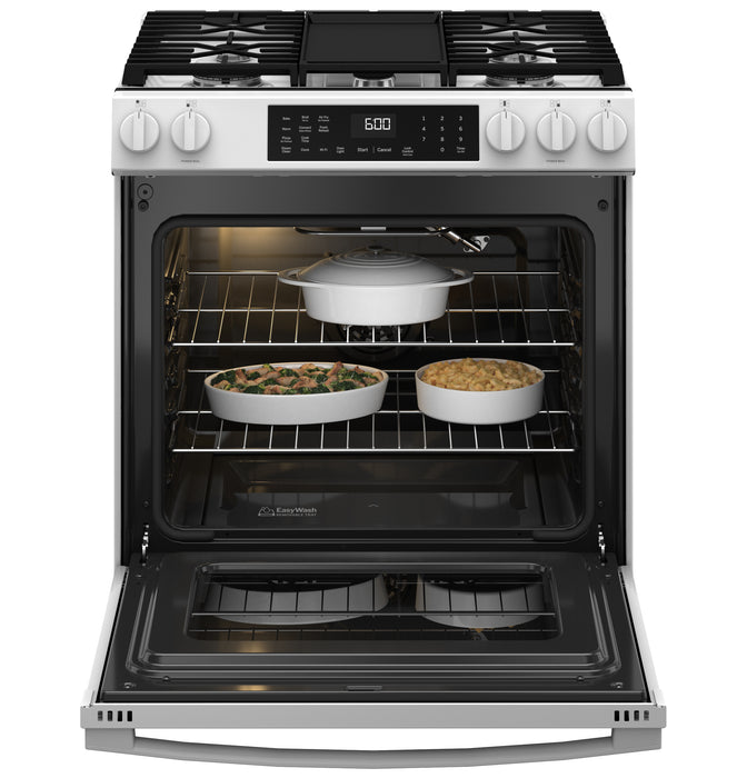 GE® 30" Slide-In Front-Control Convection Gas Range with No Preheat Air Fry and EasyWash™ Oven Tray GGS600AVWW - FAMSA Furniture (TX)