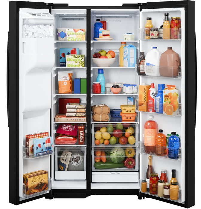 GE® 27.9 Cu. Ft. Side-By-Side Refrigerator with Extra Tall Dispenser and In-Door Icemaker GSS28NGYBB - FAMSA Furniture (TX)