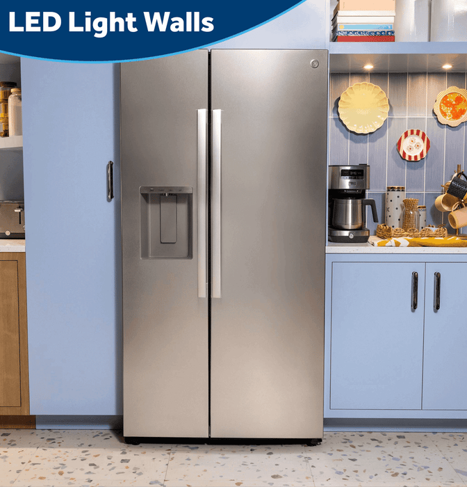GE® 23.5 Cu. Ft. Counter-Depth Side-By-Side Refrigerator with LED Light Walls and Extra Tall Dispenser GZS24PYYFS