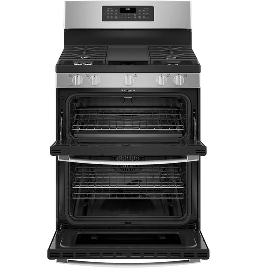 GE 30" Free-Standing Gas Double Oven Convection Range JGBS86SPSS - FAMSA Furniture (TX)