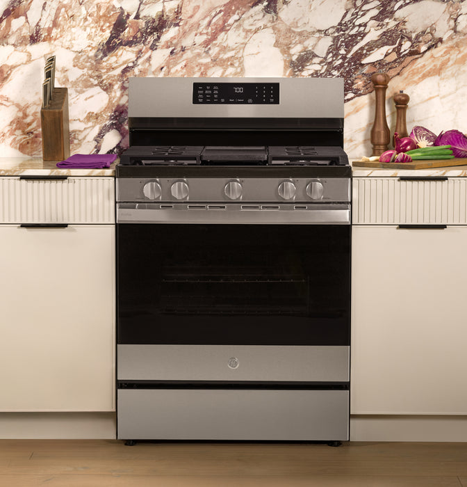 GE Profile™ 30” Smart Free-Standing Gas Convection Range with No Preheat Air Fry and EasyWash™ Oven Tray PGF700AYFS
