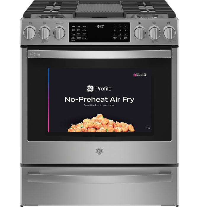 GE Profile™ 30" Smart Slide-In Front-Control Gas Fingerprint Resistant Range with No Preheat Air Fry PGS930YPFS - FAMSA Furniture (TX)