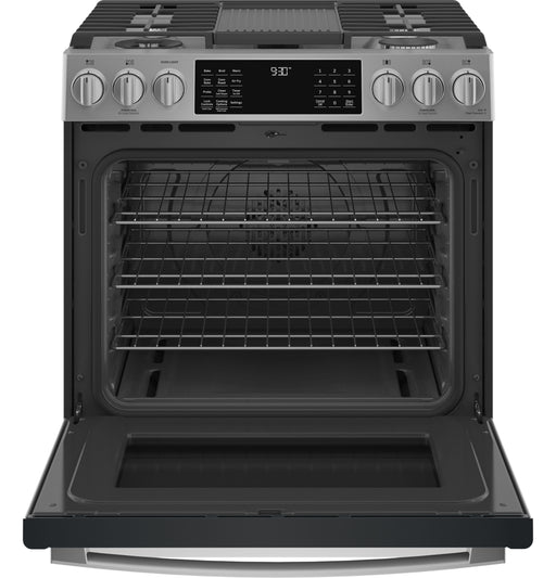 GE Profile™ 30" Smart Slide-In Front-Control Gas Fingerprint Resistant Range with No Preheat Air Fry PGS930YPFS - FAMSA Furniture (TX)