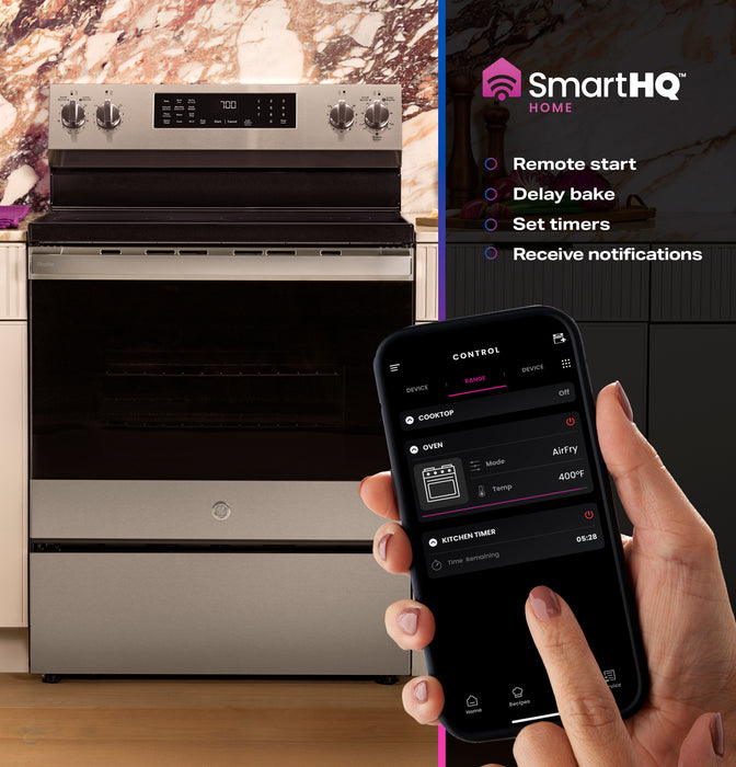 GE Profile™ ENERGY STAR® 30” Smart Free-Standing Electric Convection Range with No Preheat Air Fry and EasyWash™ Oven Tray PRF700AYFS